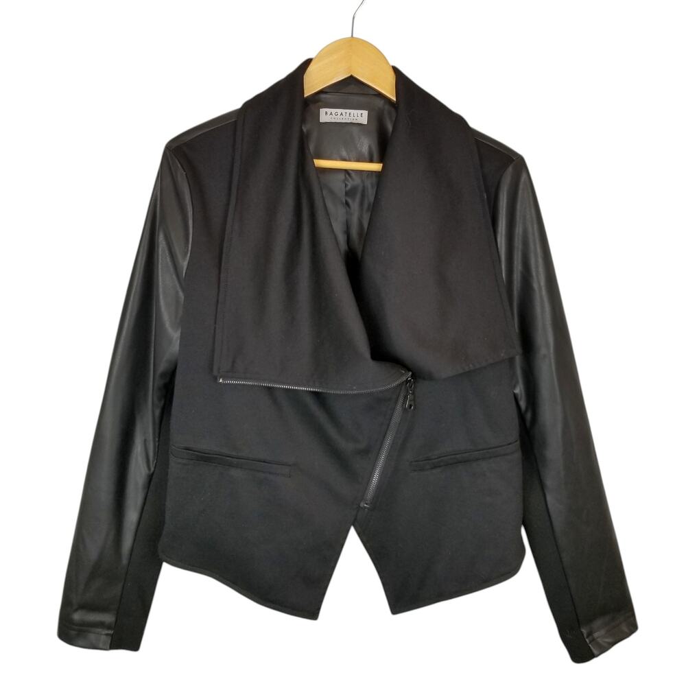 Bagatelle Women's Draped Faux Leather Ponte Knit Black Moto Jacket Size Large